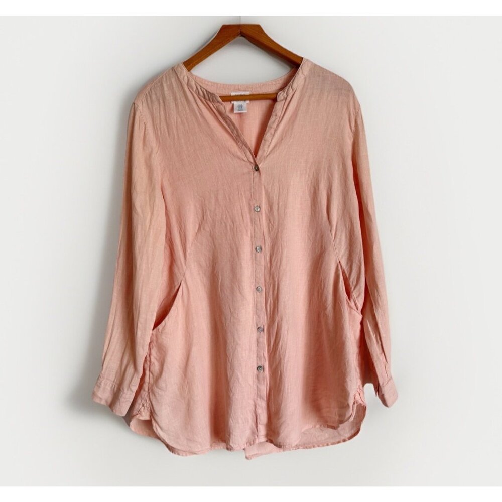 Sigrid Olsen Orange Linen Button Down Top Women’s Medium Roll Tab Sleeve Pockets